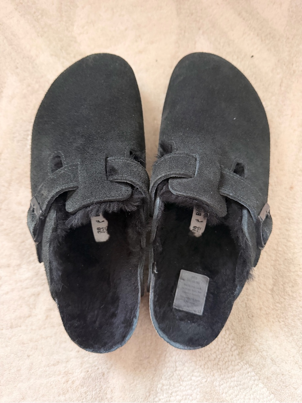 Birkenstock Boston Shearling Black Suede Clogs Size 38 US 7